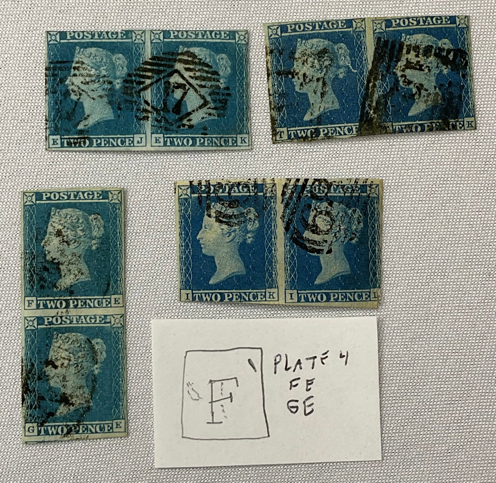 GREAT BRITAIN Penny Blue #4 Group (4) Pairs EJ-EK IK-IL TJ-TK FE-GE: GREAT BRITAIN Penny Blue #4 Group (32) Stamps. Includes: Card #1 HA HC HD Card #2 DD DG DJ DK Card #3 TB TG TL Card #4 BA BD BG BL Card #5 EA EA Card #6 TB TC TD TE Card #7 ND NI NJ and loose Penny Bl
