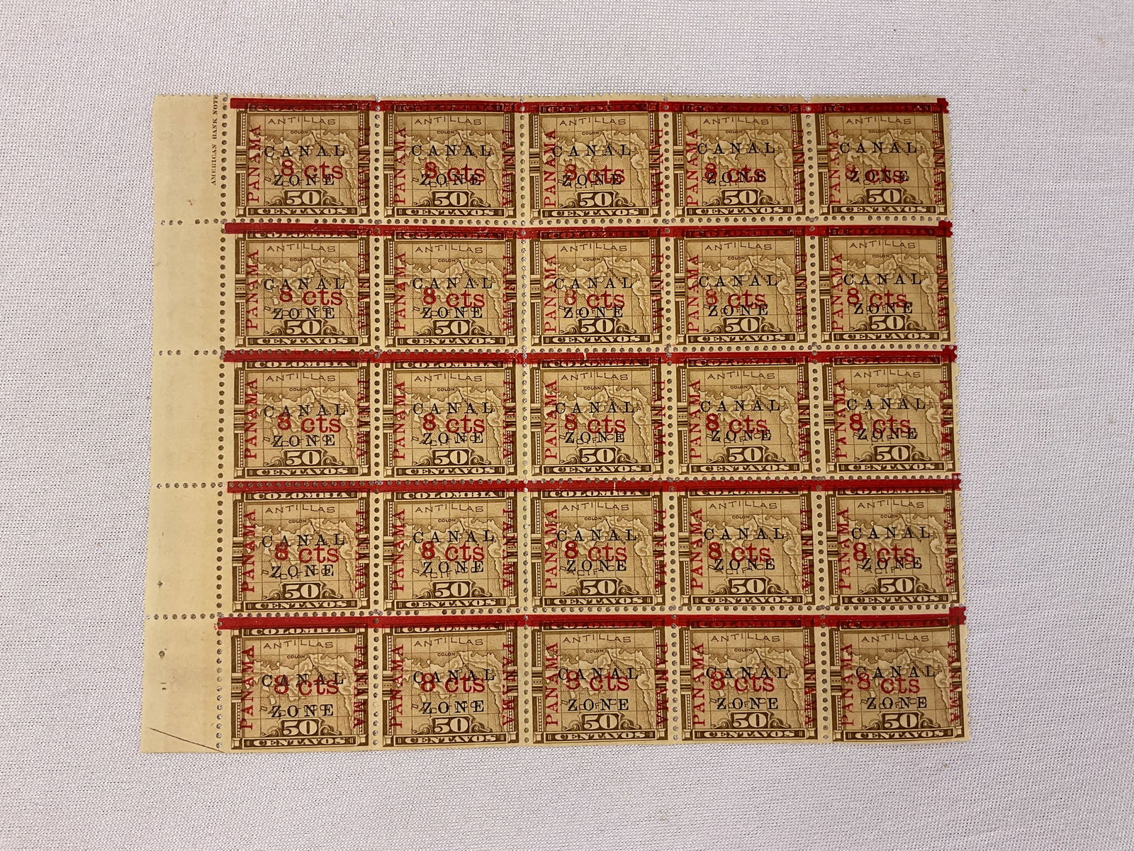 US Canal Zone Scott #14 Block of 25 Stamps (1 of 5)