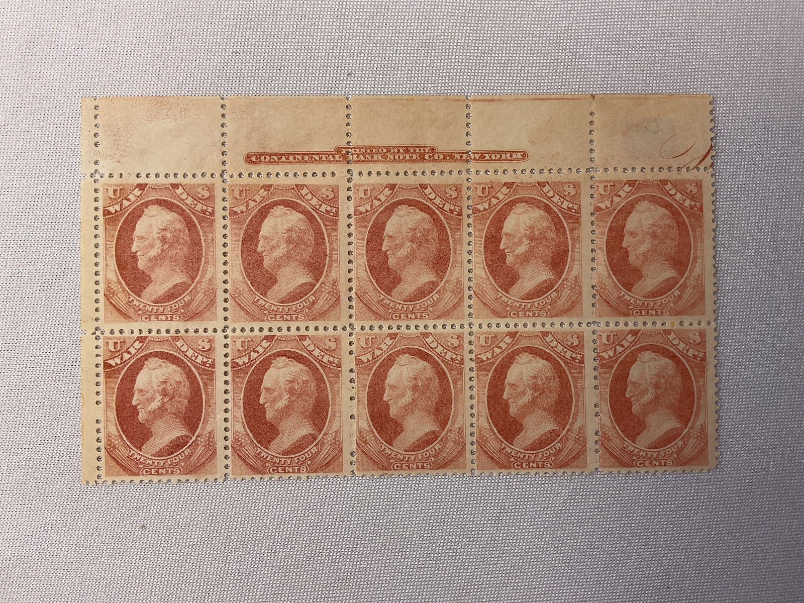 US Scott #O91 24c Plate Block of 10 War Dept 1879 (1 of 2)