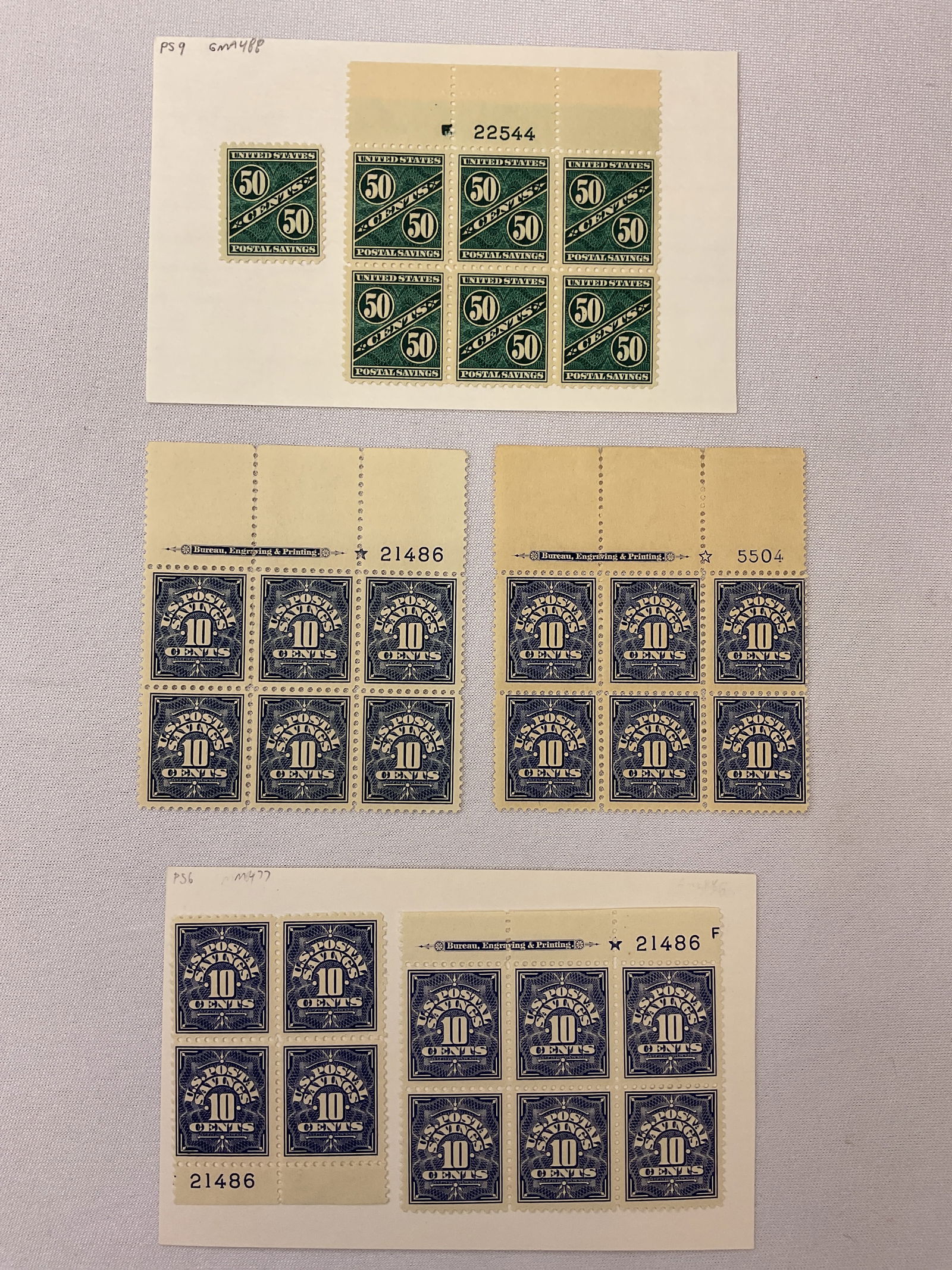USA Scott #PS9 Plate Block of 6 and Single (3) Scott #PS7 4 Blocks and (1) 4 Block (1 of 5)