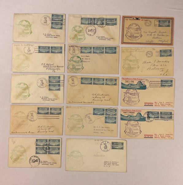 (14) First Flight Covers from 1930's SF-GUAM SF-MANILA SF-HONOLULU: (14) First Flight Covers all dated from the 1930's - (4) San Francisco-Guam - (5) San Francisco-Manila - (1) Guam-Manila - (1) Honolulu-San Francisco - (1) San Francisco-Honolulu - (1) Honolulu-Guam -