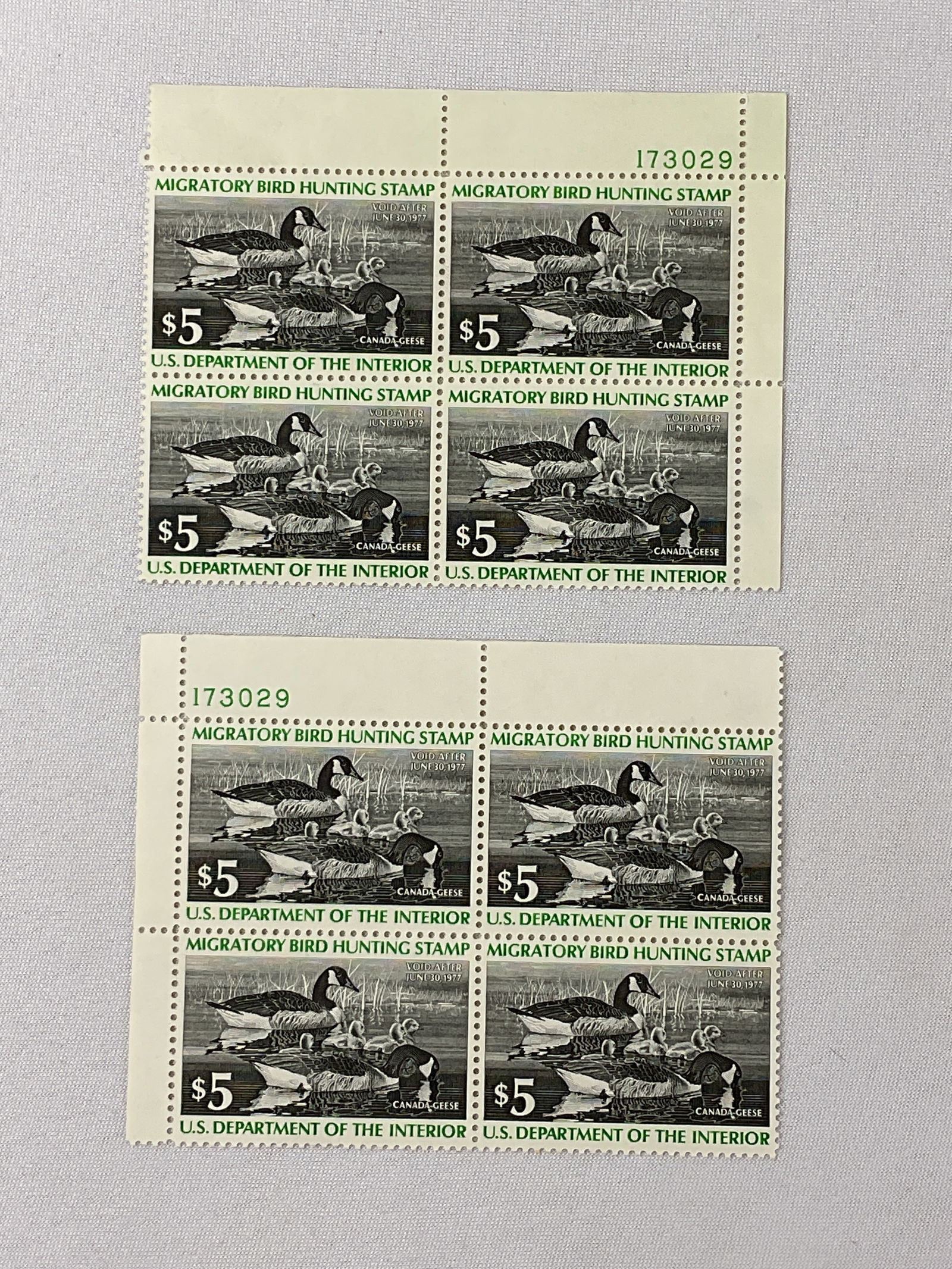 $5 U.S. MIGRATORY BIRD HUNTING STAMP Two 4-Plate Blocks Canada Geese DOTI UNUSED NH (1 of 2)