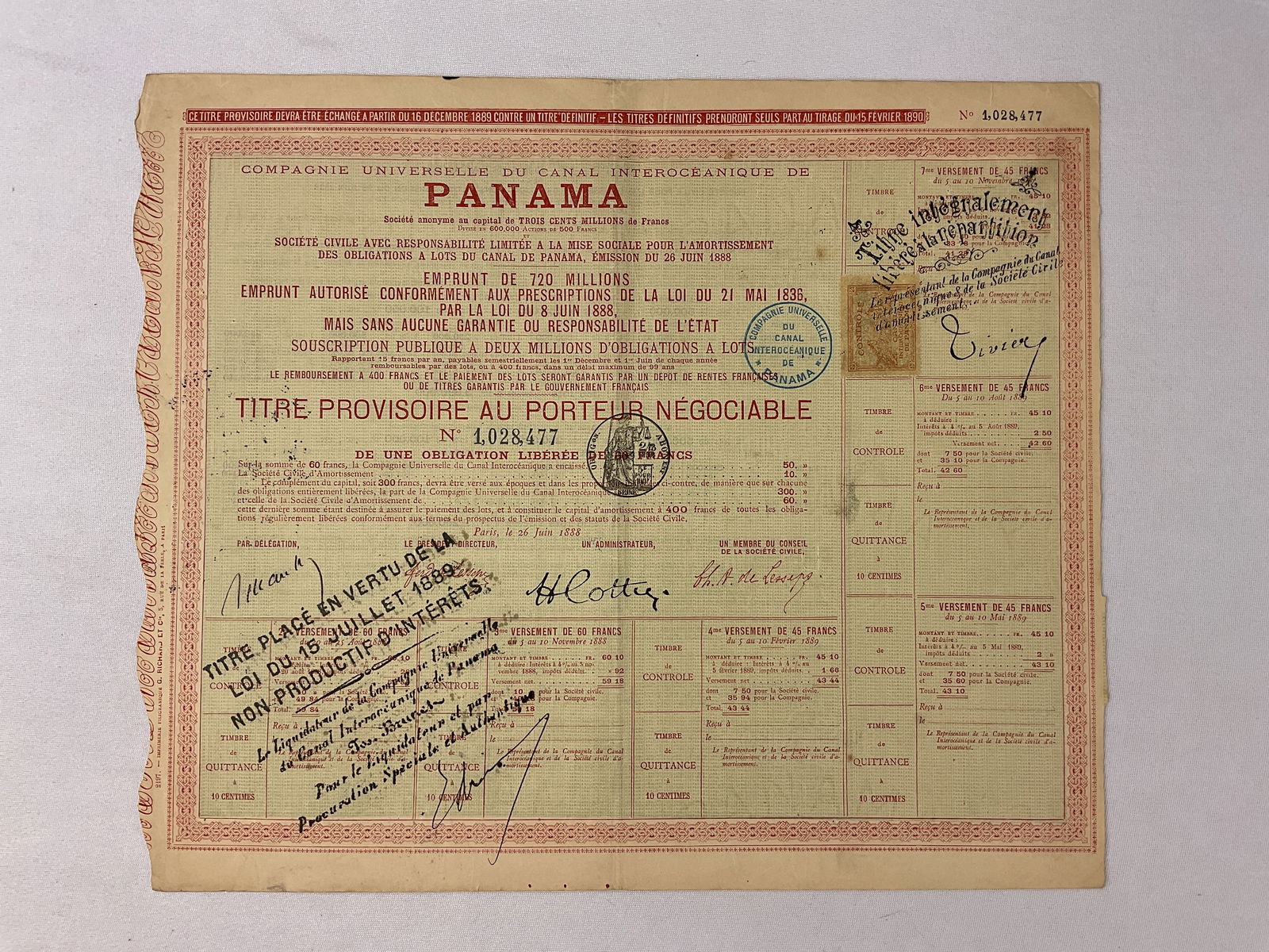 French Panama Canal Bond Certificate dated 1888 (1 of 6)