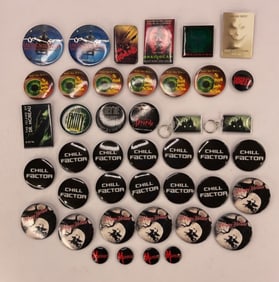 Collection of (42) HORROR Movie Buttons Keychains THE FLY 2 BRAINSCAN DRACULA HOWLING SLEEPY HOLLOW