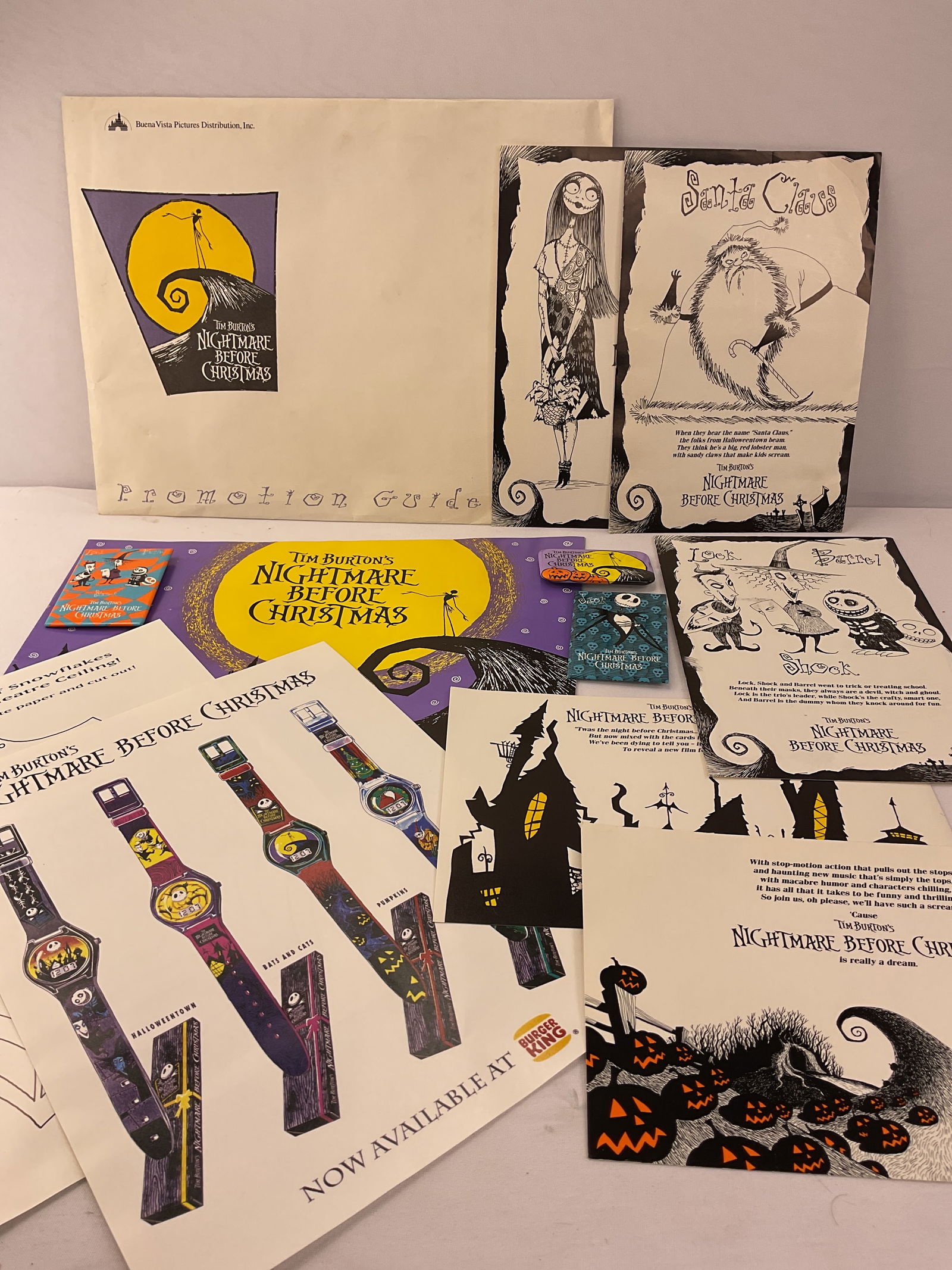 Nightmare Before Christmas Promotion Guide and (3) Buttons: Tim Burtons NIGHTMARE BEFORE CHRISTMAS Movie Theater Promotion Guide. The Promotion Guide includes: promotion guide booklet, which is off cut at the top (see picture) which makes it so different and c