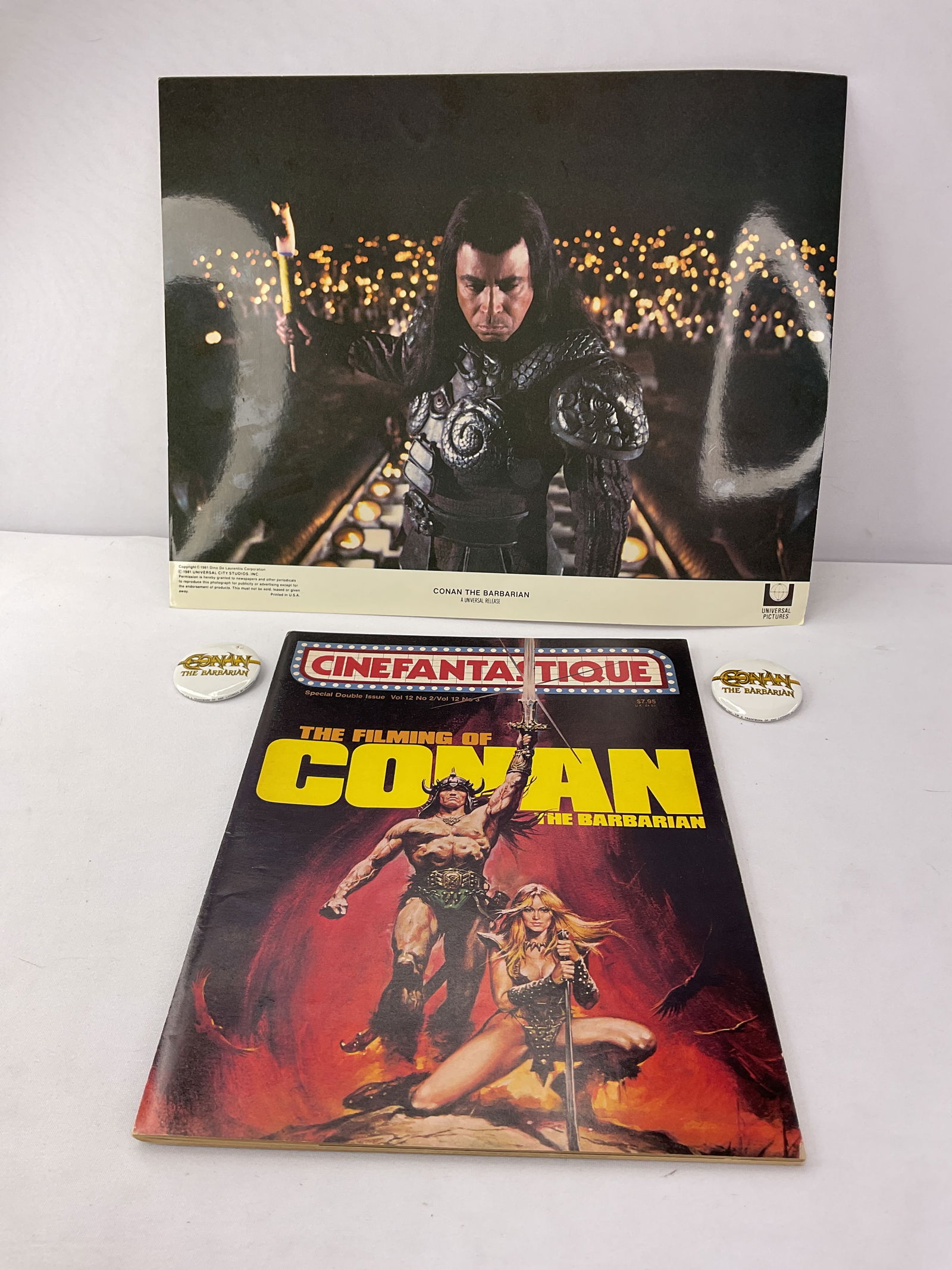 CONAN THE BARBARIAN (1982) SCHWARZENEGGER Lobby Card CINEFANTATIQUE Magazine (2) Pins (1 of 14)