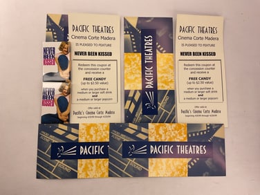 NEVER BEEN KISSED Drew Barrymore Buttons and FREE CANDY Tickets PACIFIC THEATRES