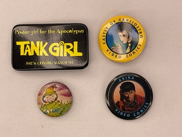 (4) Vintage COMIC & GAMING Pins Tank Girl - Akira Castle of Cagliostro Video Comics