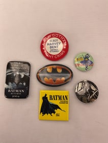 (6) BATMAN - BATMAN LOGO and BATMAN RETURNS - Joker - Catwoman - Harvey Dent - Movie Pins