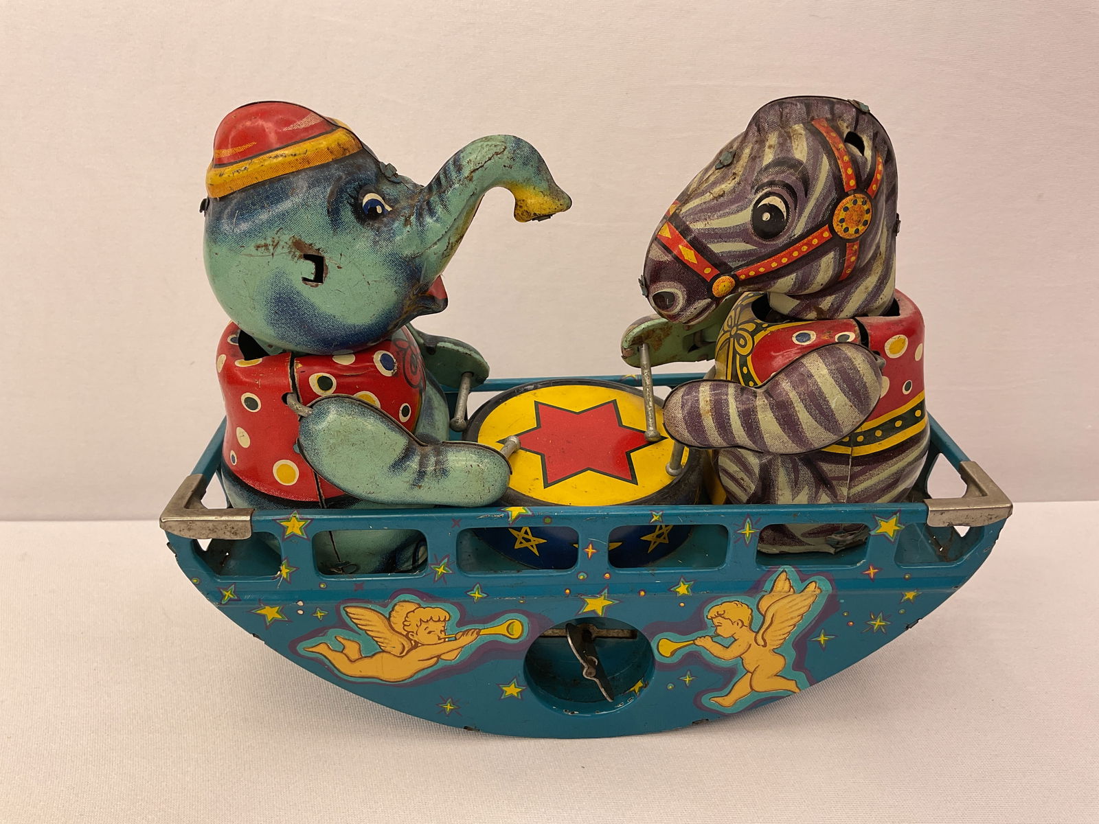 Elephant and Zebra Playing Drum Seesaw Tin Wind Up Toy Made in Japan (1 of 10)