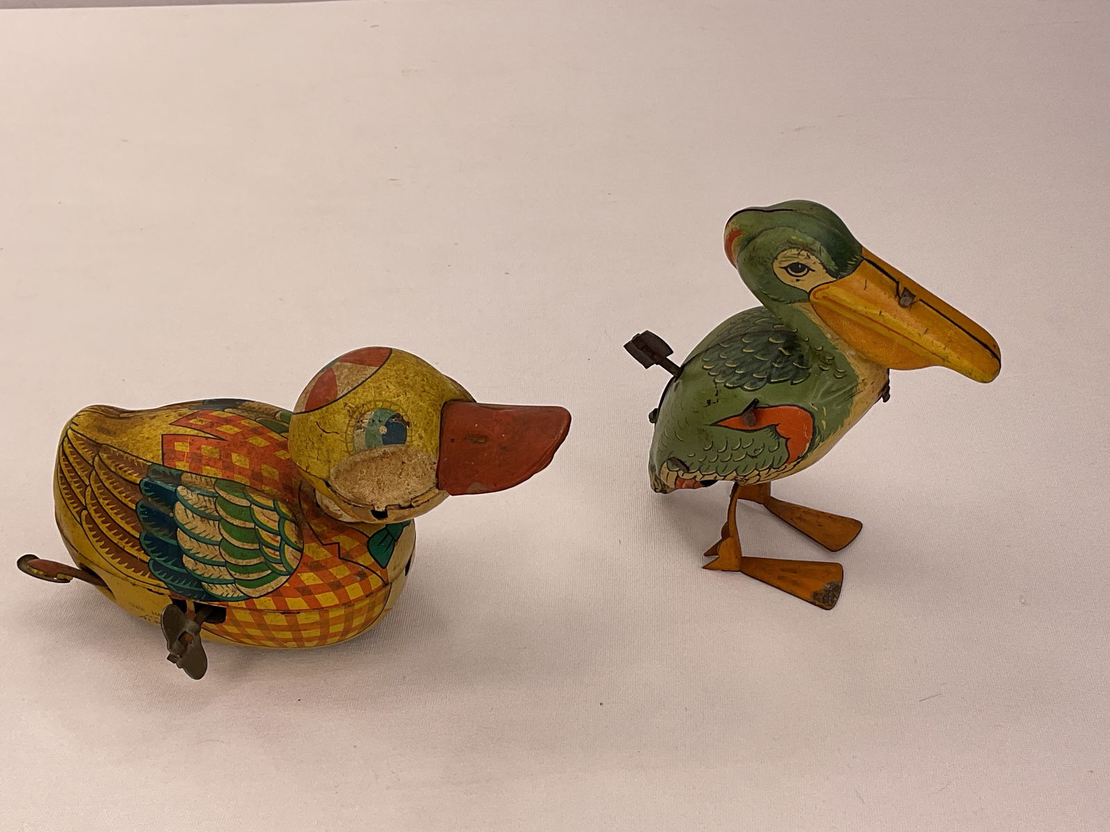 J Chain U.S.A. Waddling Pelican Tin Litho Windup Toy - ALPS Tin Litho Quacking Duck Japan (1 of 14)