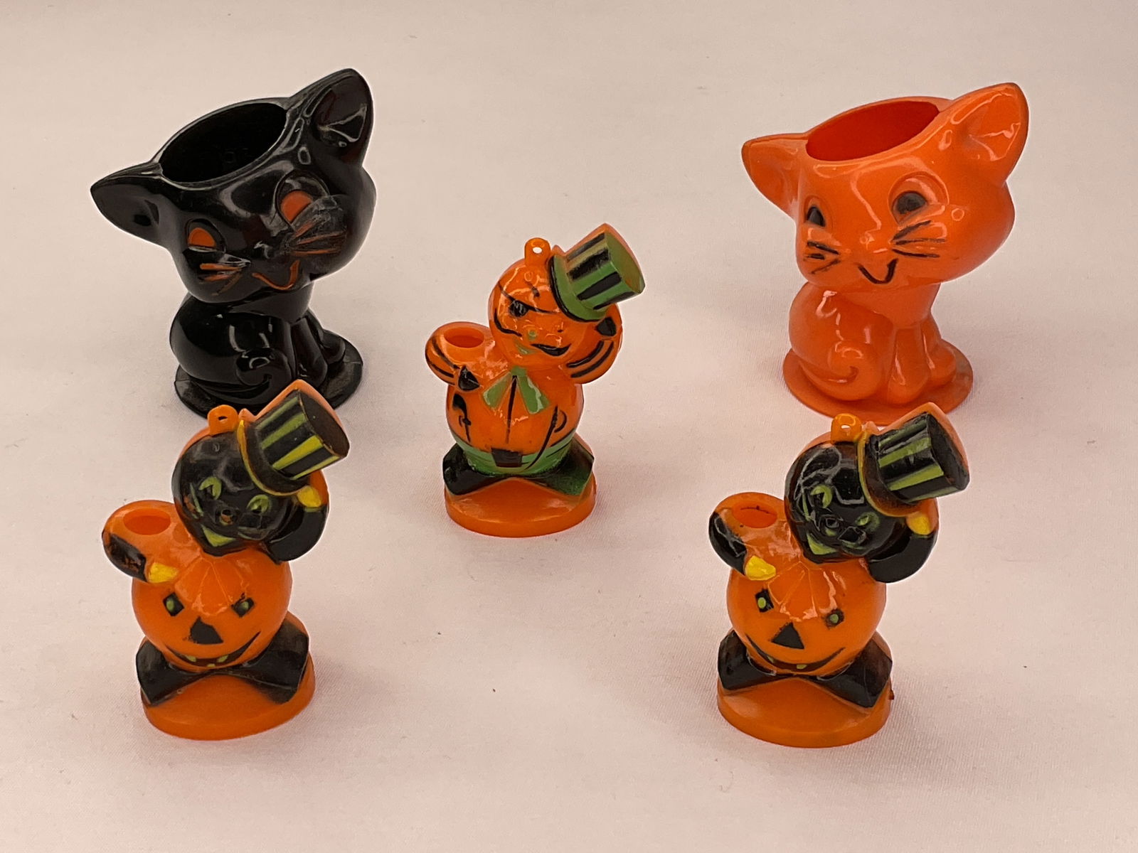 (5) Vintage Halloween Plastic Cats (3) Cats in Top Hats with Pumpkin Middle (2) Cats Smiling (1 of 9)
