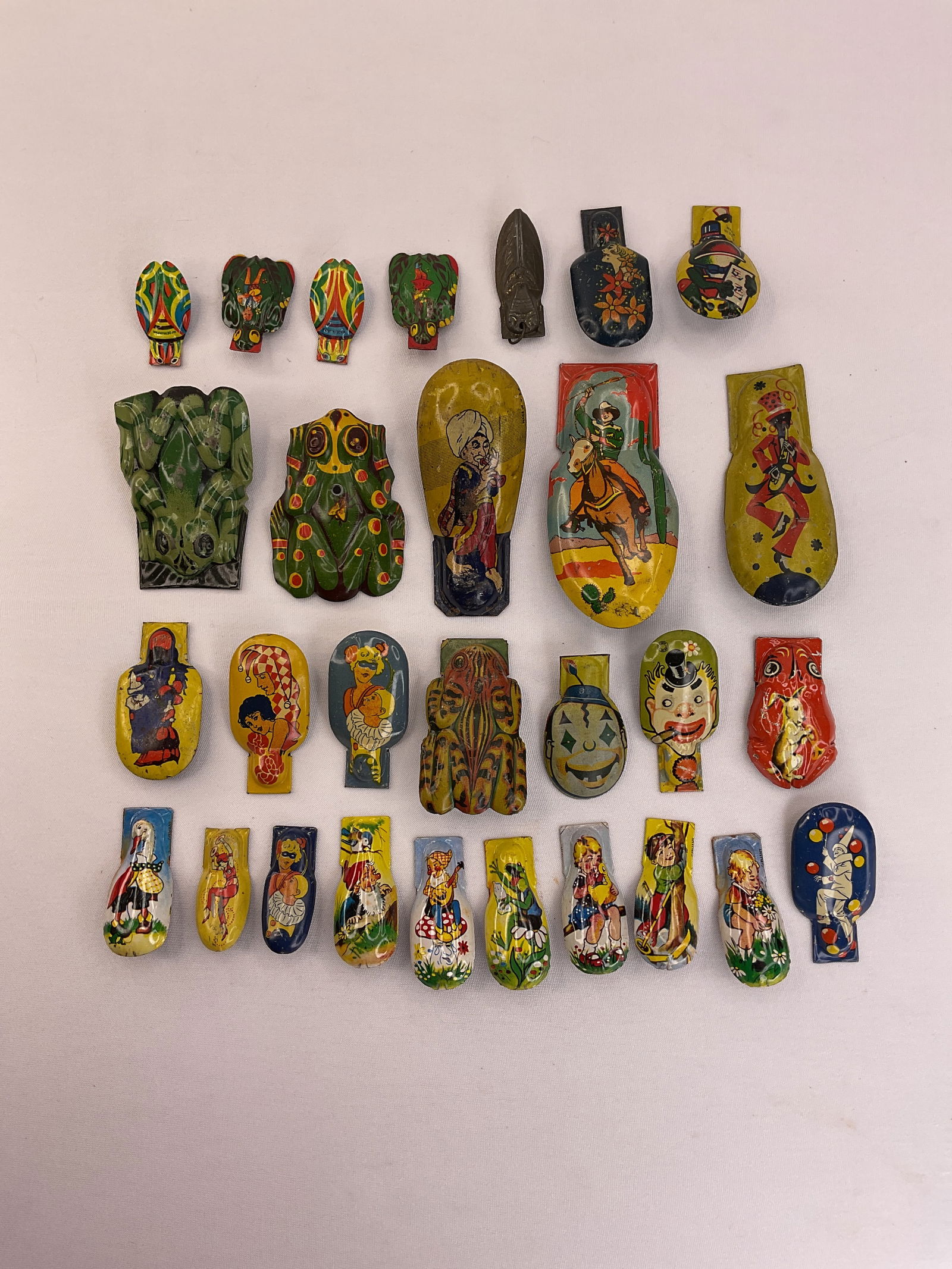 Collection of (29) Vintage Advertising Clickers Noise Makers FROGS Cowboy JESTER Clown (1 of 14)