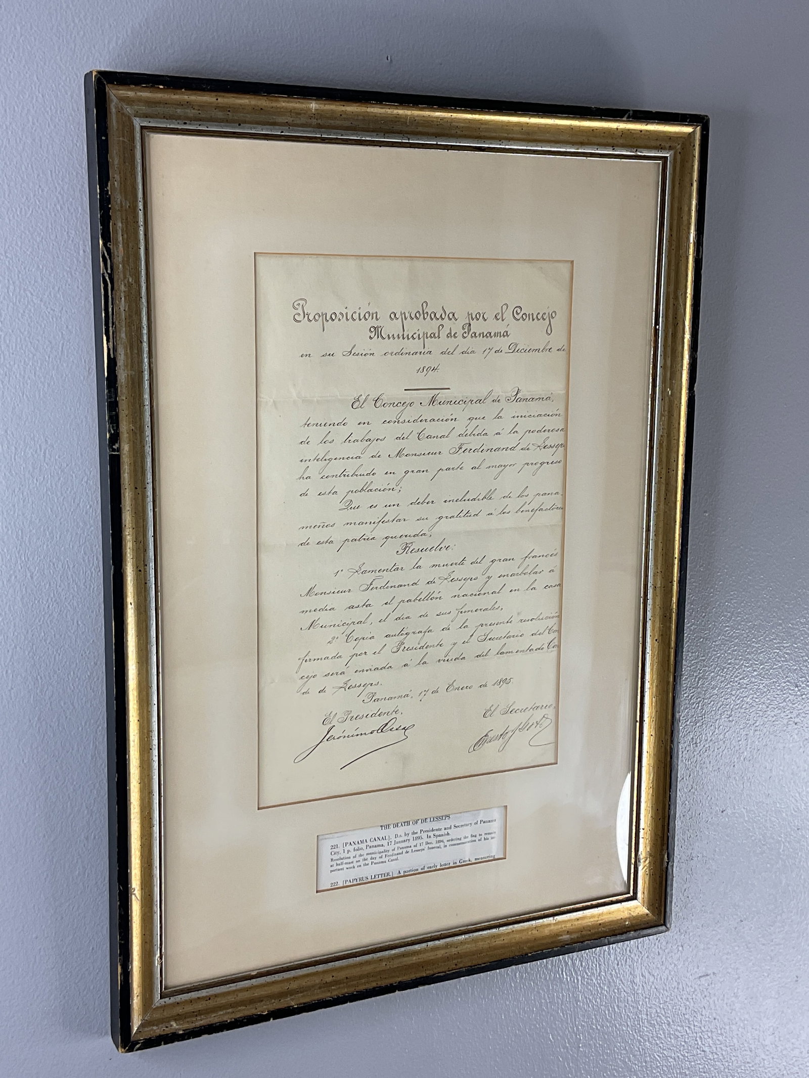 Panama Canal signed Document "The Death of Lesseps" 1894 signed by Presidente JERONIMO de la OSSA (1 of 11)