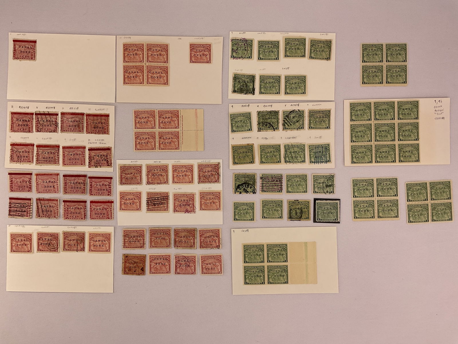 CANAL ZONE Scott #9 #10 Grouping UNUSED-USED singles 4-blocks (1) 9-block (1 of 17)