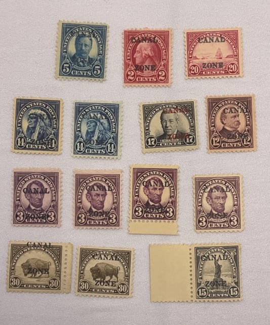 CANAL ZONE Scott #84 #85 (4), #86 #88 #89 (2), #90 #91 #92 (2) all UNUSED (1 of 2)