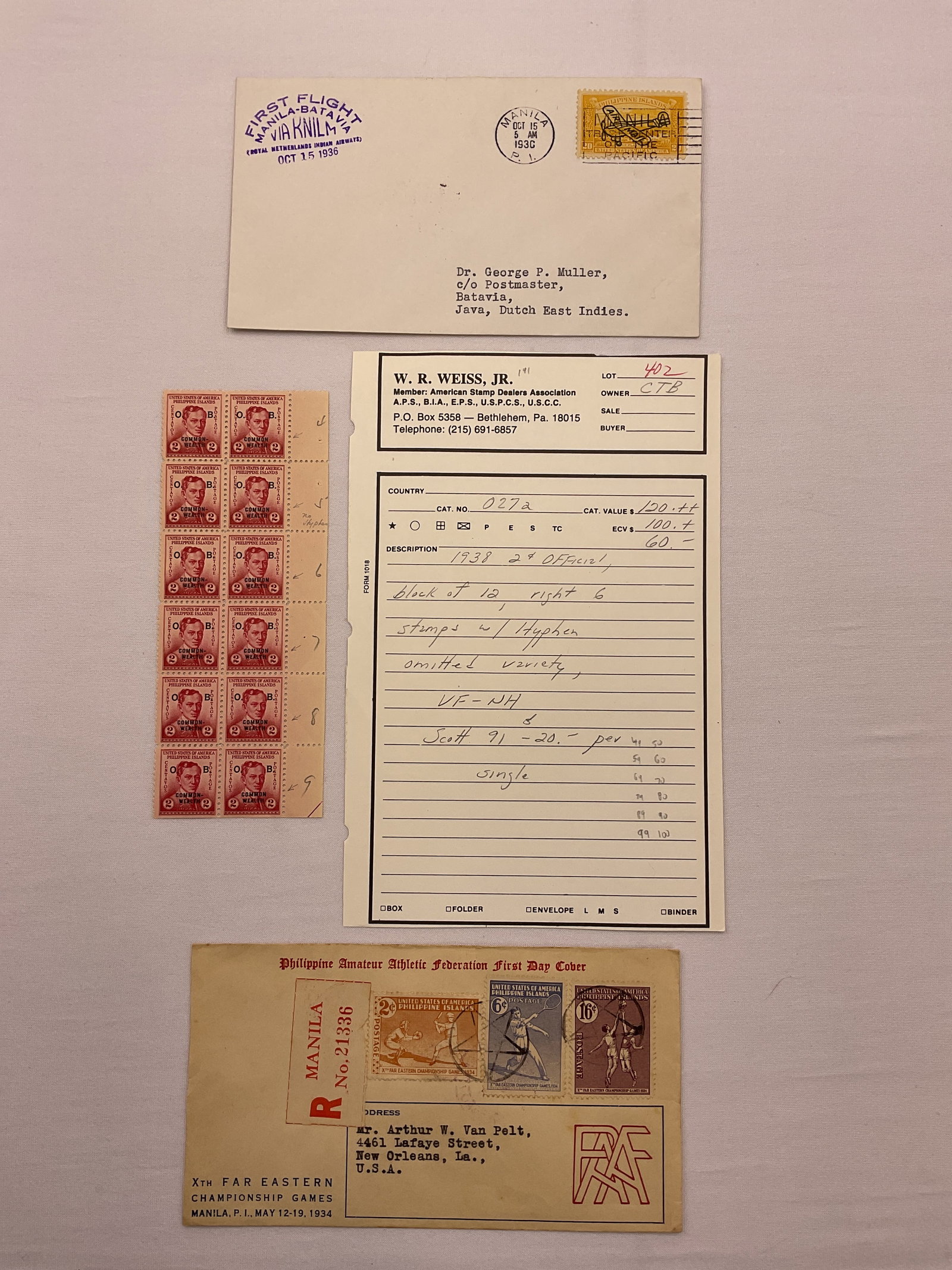 PHILIPPINES Scott #O27a block of 12 having the hyphen omitted and 2 cancelled envelopes: PHILIPPINES Scott #O27a block of 12 having the hyphen omitted bought through W. R. WEISS jr Auctions and 2 cancelled envelopes.