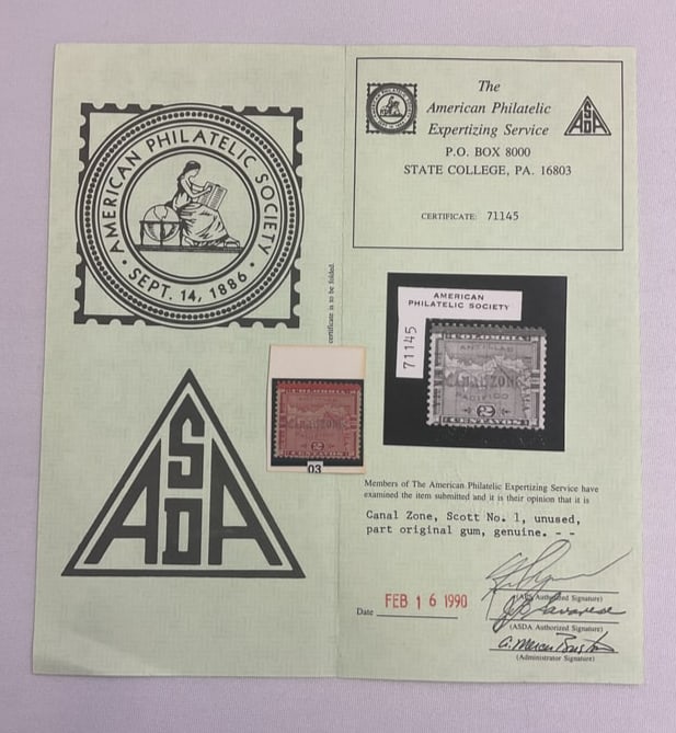 CANAL ZONE Scott #1 UNUSED with Certificate American Philatelic Society (1 of 6)