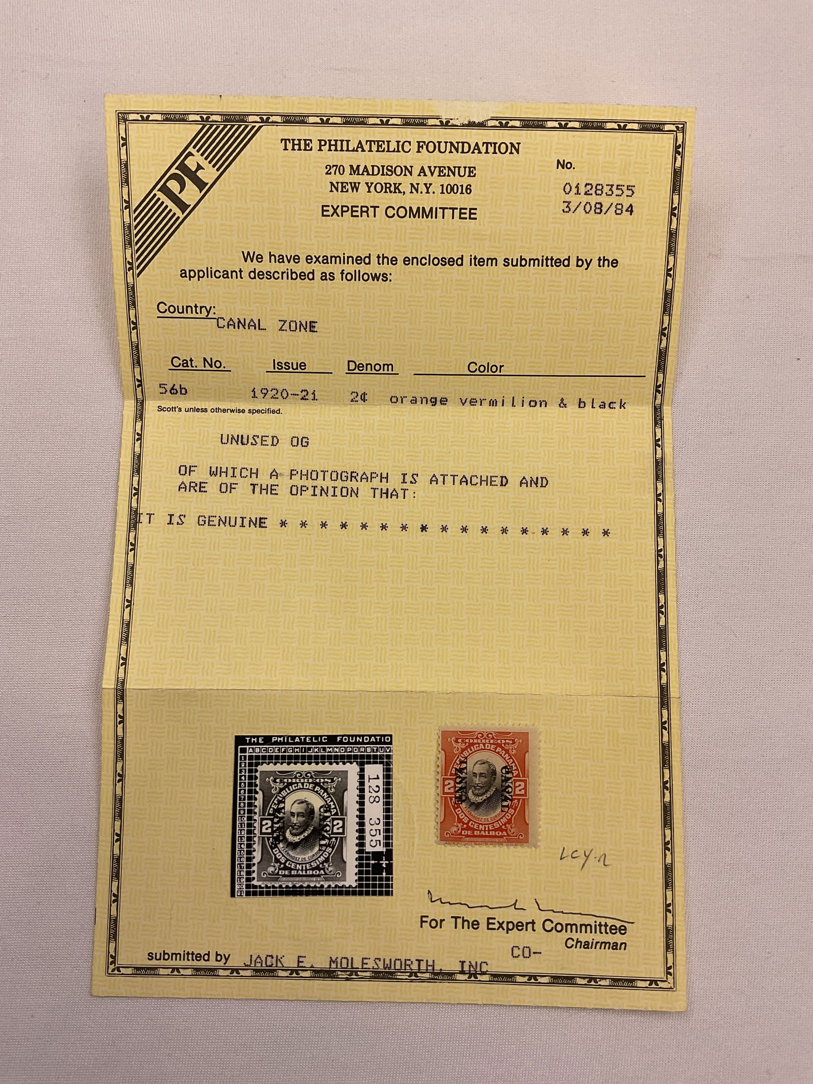 CANAL ZONE Scott #56b Issue 1920-1921 2c Orange Vermilion and Black with Philatelic Foundation Cert (1 of 3)