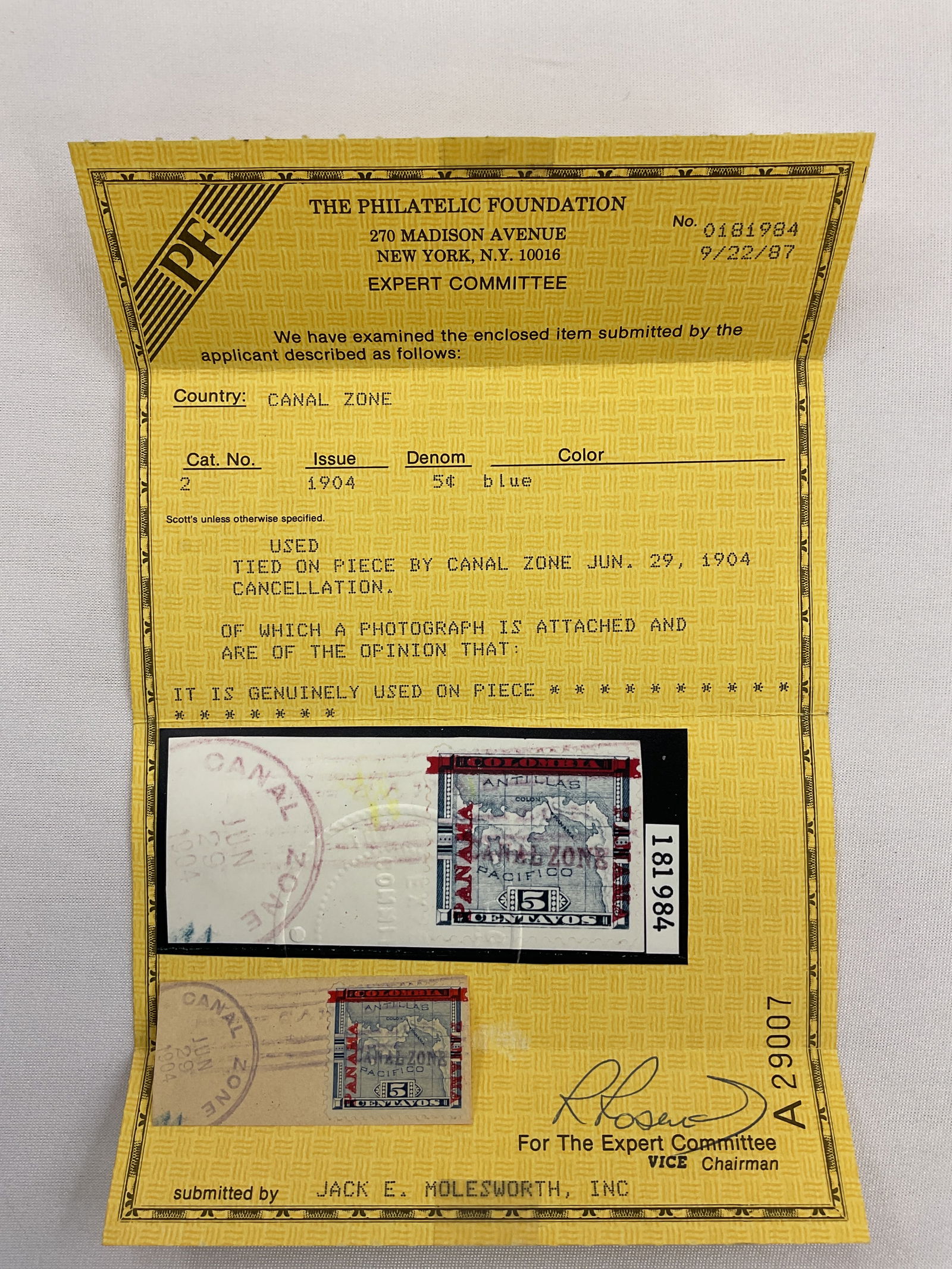 CANAL ZONE Scott #2 5c USED with CANAL ZONE Cancellation with Certificate PF Philatelic Foundation (1 of 3)