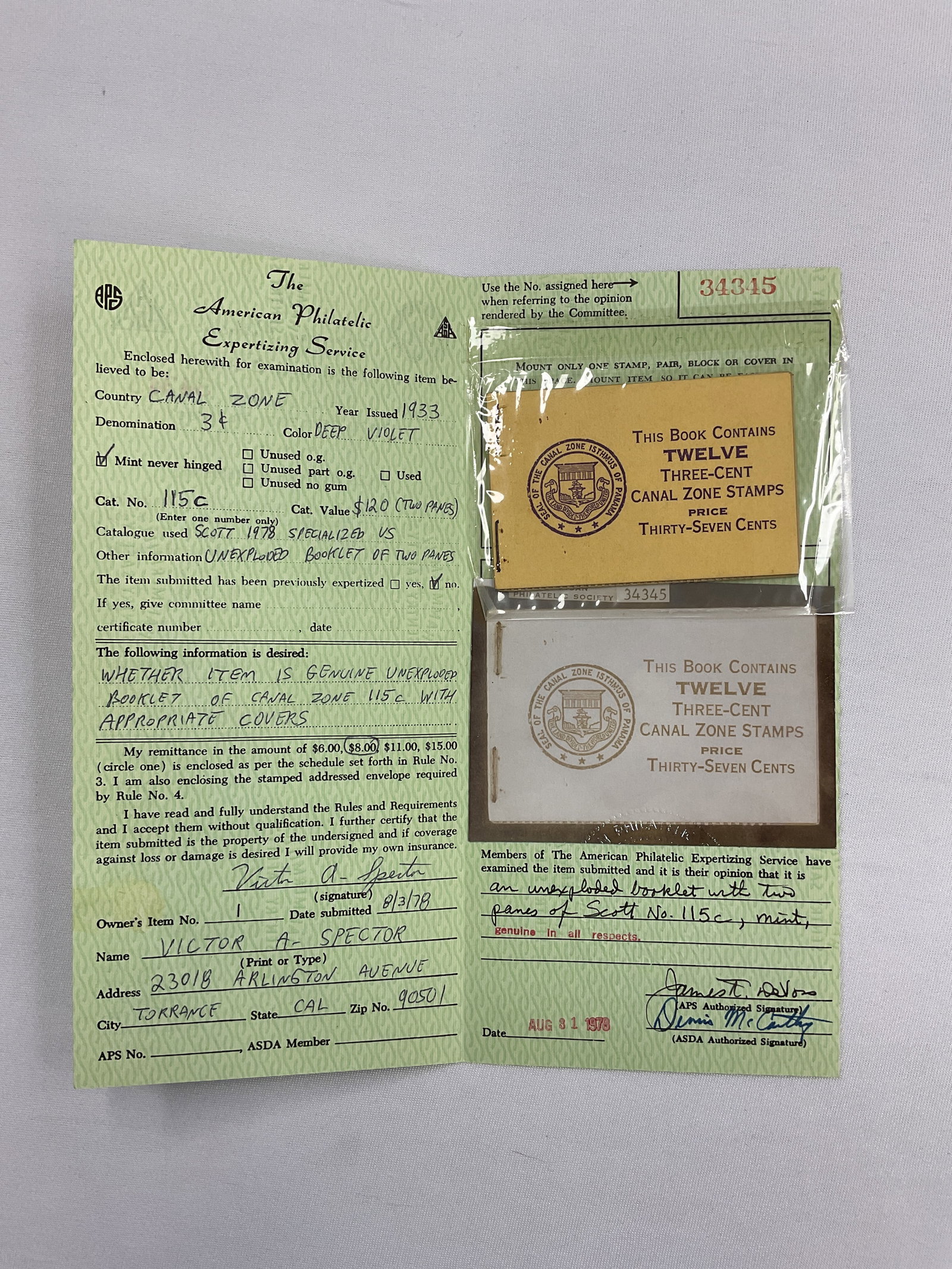 CANAL ZONE Scott #115c MINT Unexploded Booklet 3c 1933 American Philatelic Certificate (1 of 3)