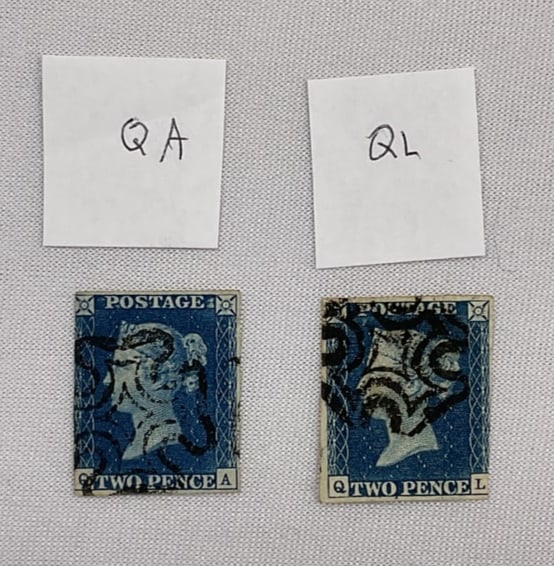 Two GREAT BRITAIN Scott #2 Penny Blue QA QL with Maltese Cross Cancellation (1 of 2)