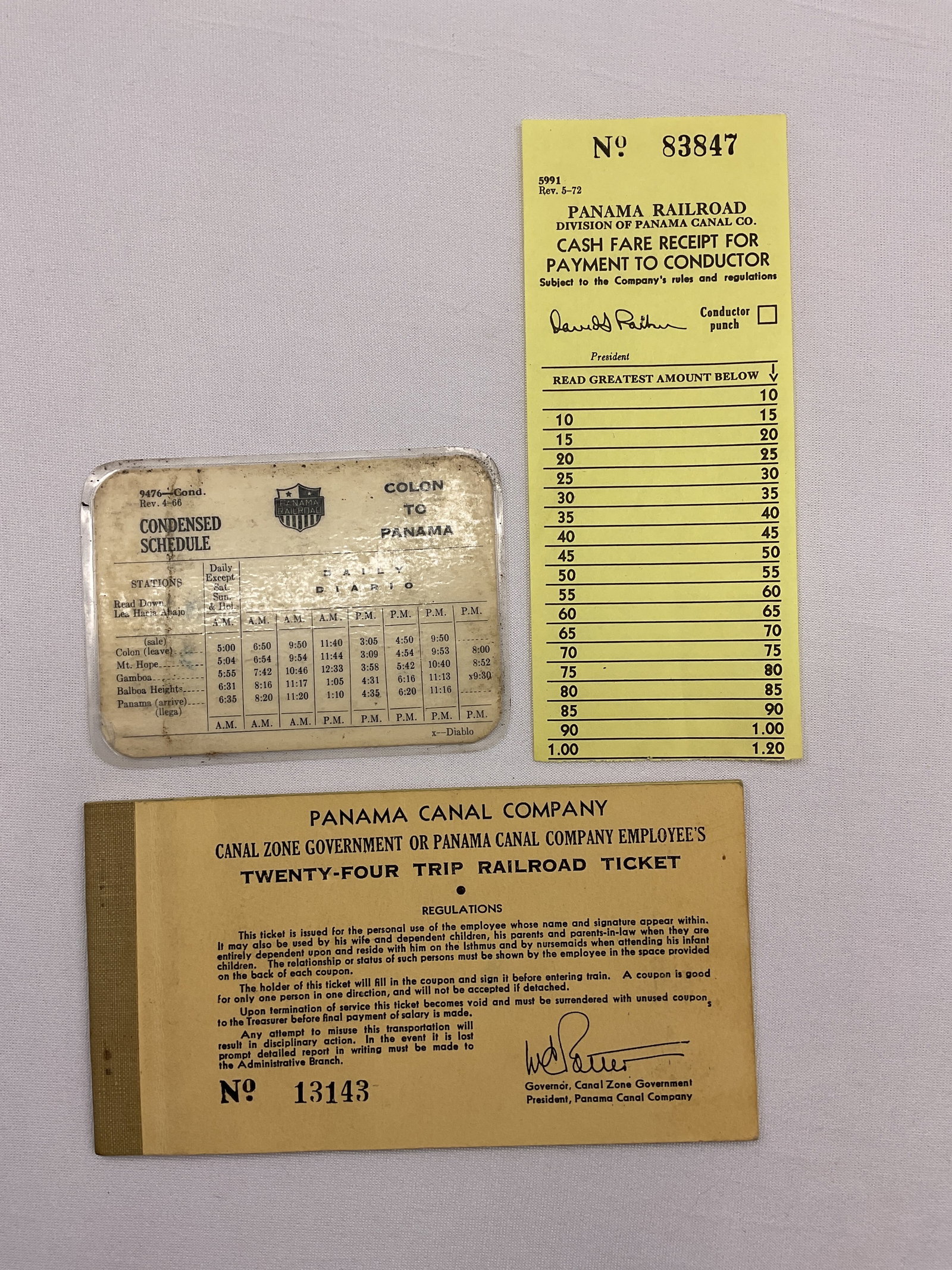PANAMA CANAL COMPANY Railroad Ticket Book Laminated Schedule and Receipt: PANAMA CANAL COMPANY Railroad Ticket Book Laminated Schedule and Receipt. The Railroad ticket book is issued to: Walter R. Fender date of issue: 12-31-58.