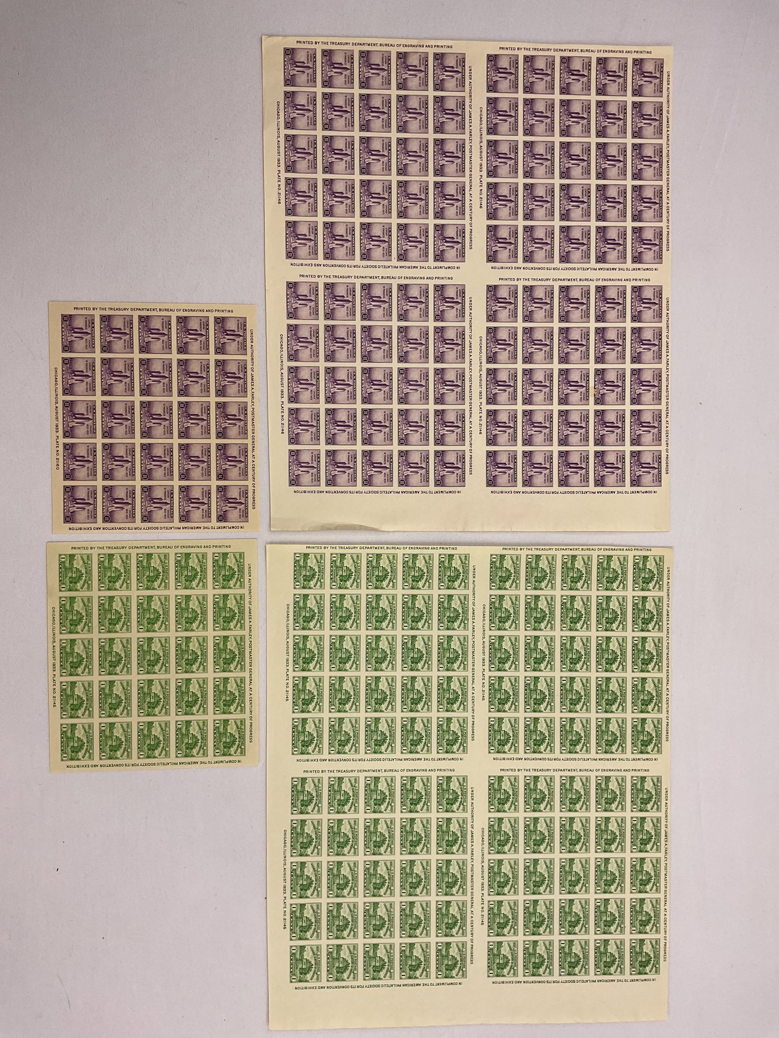 US Scott #730 and #731 FARLEY SOUVENIR SHEETS of 100 and 25 Stamps: US Scott #730 and #731 FARLEY SOUVENIR SHEETS of 100 and 25 Stamps.