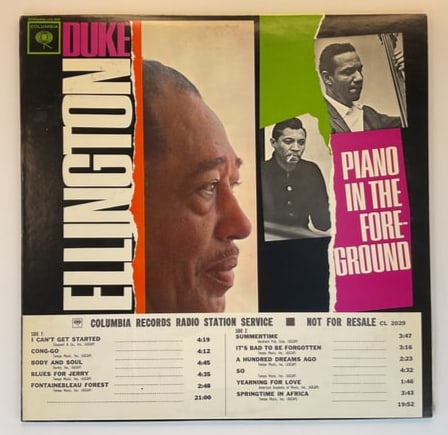TIMING STRIP Duke Ellington PIANO IN THE FOREGROUND Vinyl LP Columbia Records CL-2029: RADIO STATION COPY - NOT FOR SALE - DJ COPY. The matrix number is XLP-59182-1A on side 1 and XLP-59182-1C on side 2.