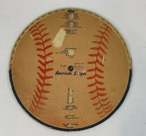 DAHL-BALL Vintage Rotating Stat Ball 1901-1954 Copyright 1955: DAHL-BALL Vintage Rotating Stat Ball 1901-1954 Copyright 1955. Rotates and has Park Dimensions, Batting, Pitching, and pennant Winners for each year. One side is American League and the flip side is N