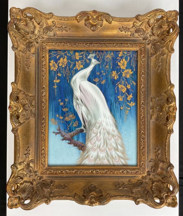 Hand Painted White Peacock Perched on a Branch in Gilded Frame HEINRICH Germany (1 of 10)