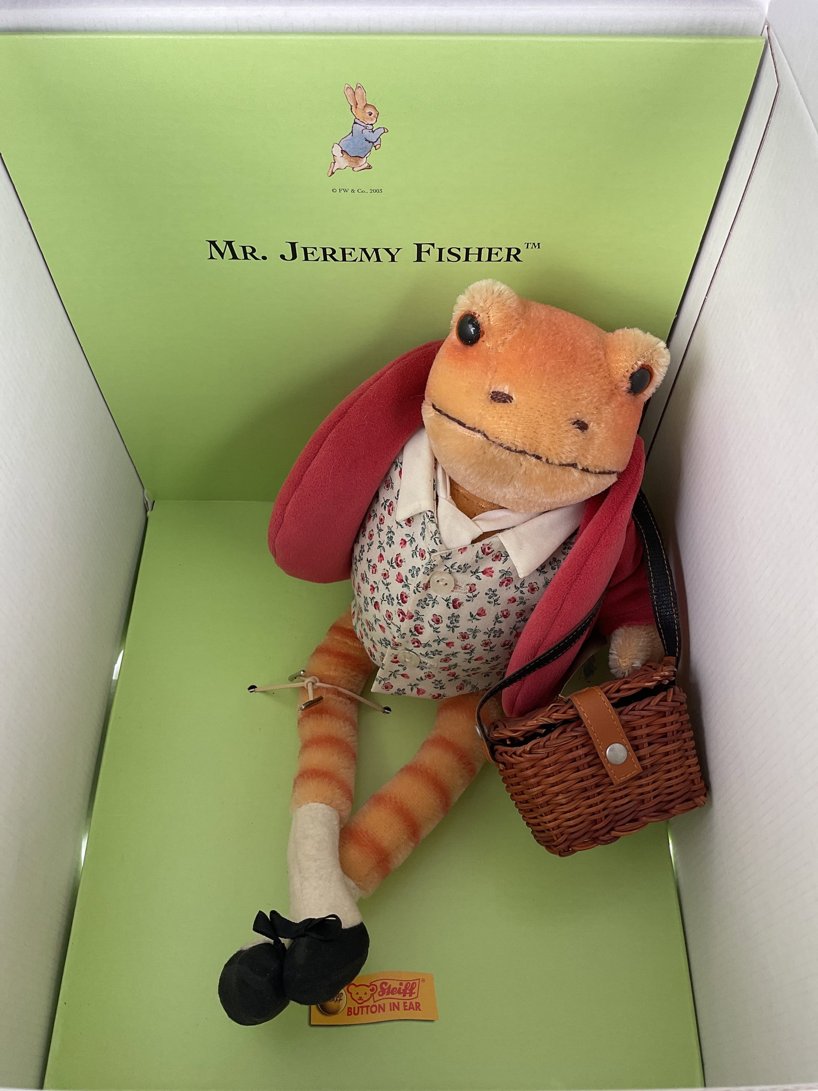 2003 Peter Rabbit Steiff Mr. Jeremy Fisher Frog in the box: Steiff Peter Rabbit collection Mr. Jeremy Fisher frog in the box. Excellent condition still packaged in box. Including 2 Steiff Club pamphlet & postcards. Limited 18cm