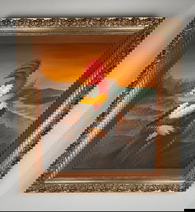 Walter Lantz Orignial "Mona Woody" Painting: Signed & framed Woody Woodpecker Mona Lisa painting by Walter Lantz. Frame measures 24" by 26" and image measures 17" by 19.5"