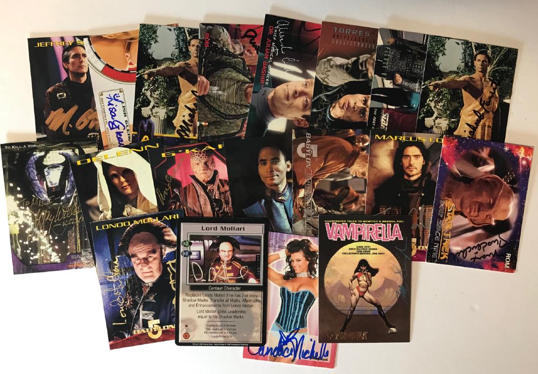 Lot of 19 Non-Sport Sci-Fi Autographed Cards: There are 19 cards in this lot. All are signed which were all obtained in person at various Sci-Fi Conventions. Cards from shows: babylon5, Vampirella, benchwarmer, Star Trek Deep Space Nine, Orig Sta