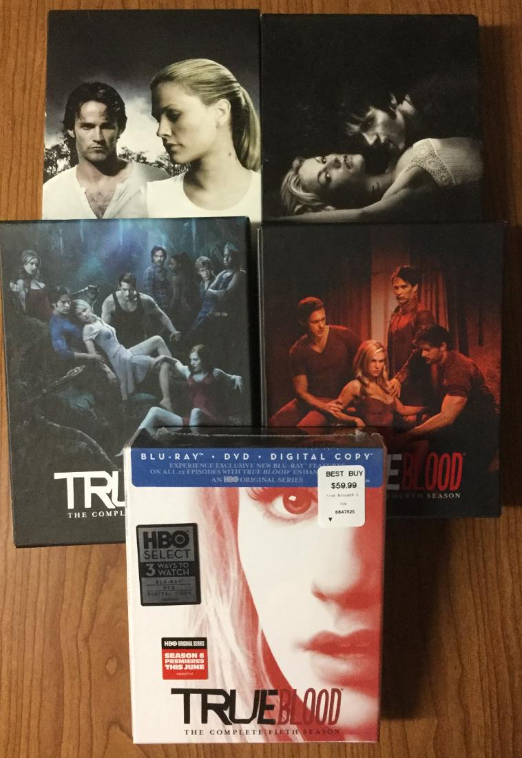 True Blood DVD Seasons 1-2-3-4-5: True Blood DVD's / Blu-Ray combo Seasons 1-2-3-4-5. Please note only season 5 is the DVD-Blu-Ray combo. Seasons 1-2-3-4 are DVD. All in excellent condition. Season 5 brand new.