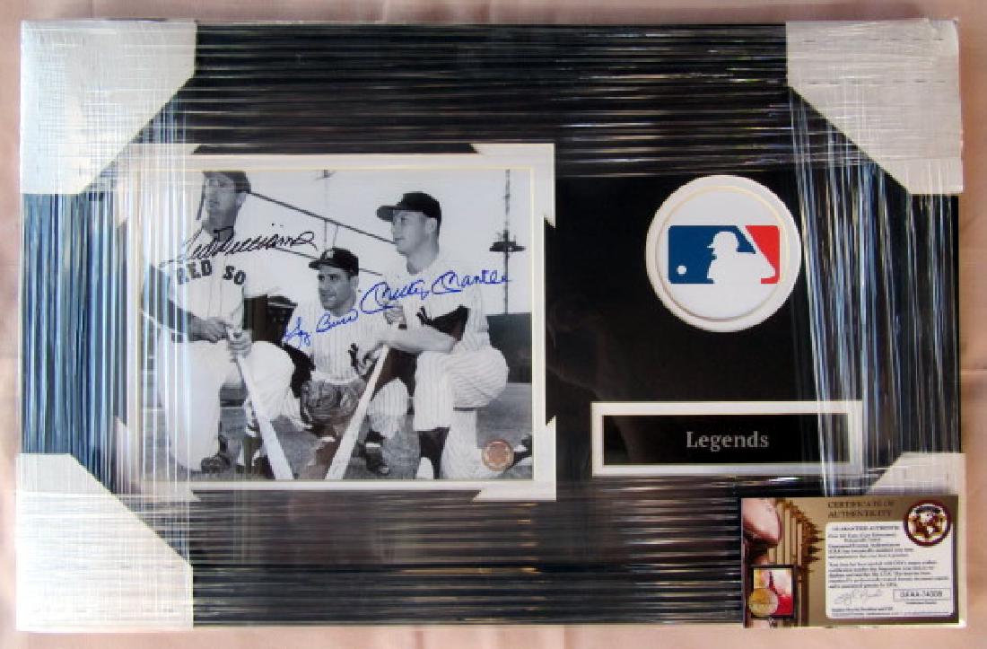 Ted Williams, Yogi Berra & Mickey Mantle Triple: 8x10 photo signed by the 3 of the greats in Baseball. Photo has been professionally framed and does come with a lifetime COA. Over all size is 14x22