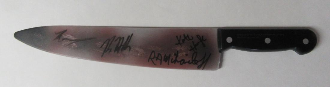 Horror Masters In Person Signed Prop Knife: All signatures were obtained from a private signing. This prop knife is signd by Kane Hoder / Kate Hodge / RA Milhailoff / Tyler Mane in person signed prop knife. This knife was signed by all four gre