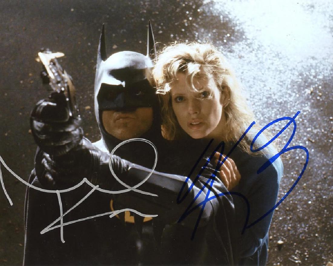 Michael Keaton / Kim Basinger BATMAN In Person Signed: Michael Keaton / Kim Basinger in person signed autographed photo from the movie BATMAN. Michael Keaton as the character Bruce Wayne / Batman. Kim Basinger as the character Vicki Vale. Photo size is 8 