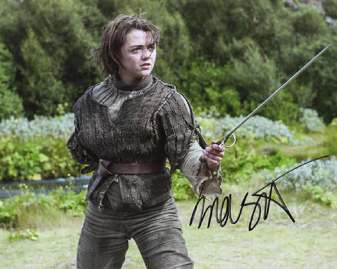Maisie Williams GAME OF THRONES In Person Signed Photo: Maisie Williams in person signed photo from the HBO series GAME OF THRONES. Maisie Williams as the character Arya Stark. Photo size is 8 x 10