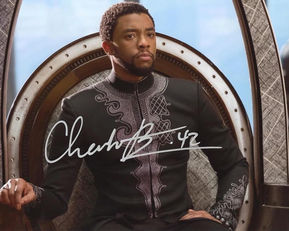 Chadwick Boseman BLACK PANTHER In Person Signed Photo: Chadwick Boseman in person signed autographed photo from the movie BLACK PANTHER. Chadwick Boseman as the character T'Challa Black Panther. Photo size is 8 x 10