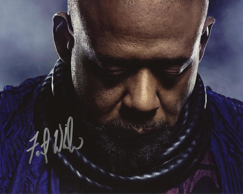 Forest Whitaker BLACK PANTHER In Person Signed Photo: Forest Whitaker in person signed autographed photo from the movie BLACK PANTHER. Forest Whitaker as the character Zuri. Photo size is 8 x 10