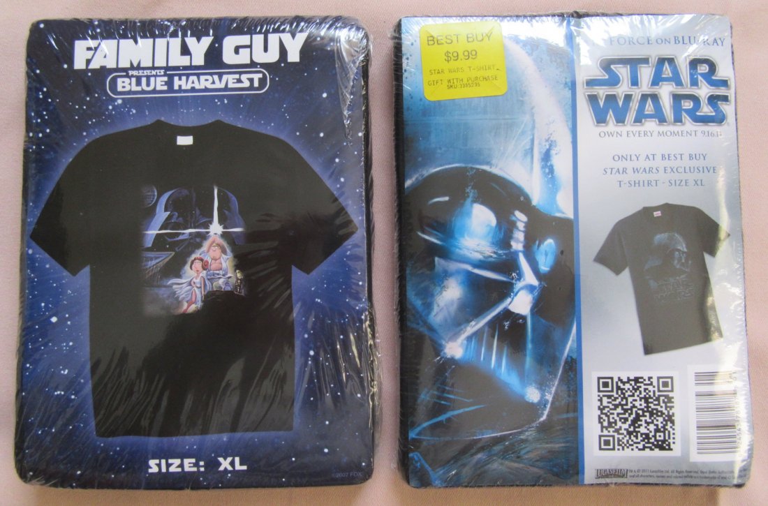 Family Guy - Star Wars movie poster t-shirts - XL size: This is new in package never opened. This was a free giveaway when you purcahsed the Family Guy Star Wars Parody DVD. This was a Best Buy Excelusive. Also, a Star Wars Darth Vader T-Shirt. This was a 