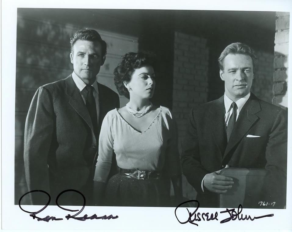 Russell Johnson / Rex Reason from the movie THIS ISLAND: Photo size is 8x10. Russell Johnson / Rex Reason in Person Signed Autographed Photo from the Movie THIS ISLAND EARTH. Russell Johnson as the character Dr. Steve Carlson. Rex Reason as the character Dr