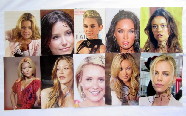 10 Female Photo Lot #1: You are getting all 10 photos shown here. In this lot is Elizabeth Banks, Sophia Bush, Miley Cyrus, Megan Fox, Summer Glau, Kelly Ripa, Sarah Roemer, Nicky Whelan, Olivia Wilde and Charlize Theron. Al