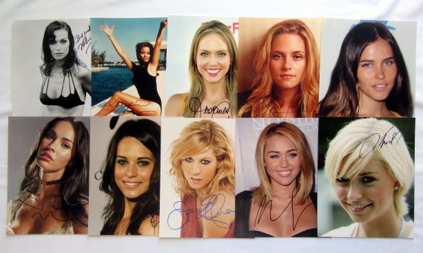 10 Female Photo Lot #3: You are getting all 10 photos shown here. In this lot is Valerie Leon, Claudine Auger, Jessica Carrillo, Kristen Stewart, Isabel Lucas, Megan Fox, Lyndsy Fonseca, Jenna Elfman, Miley Cyrus and Lena Ge