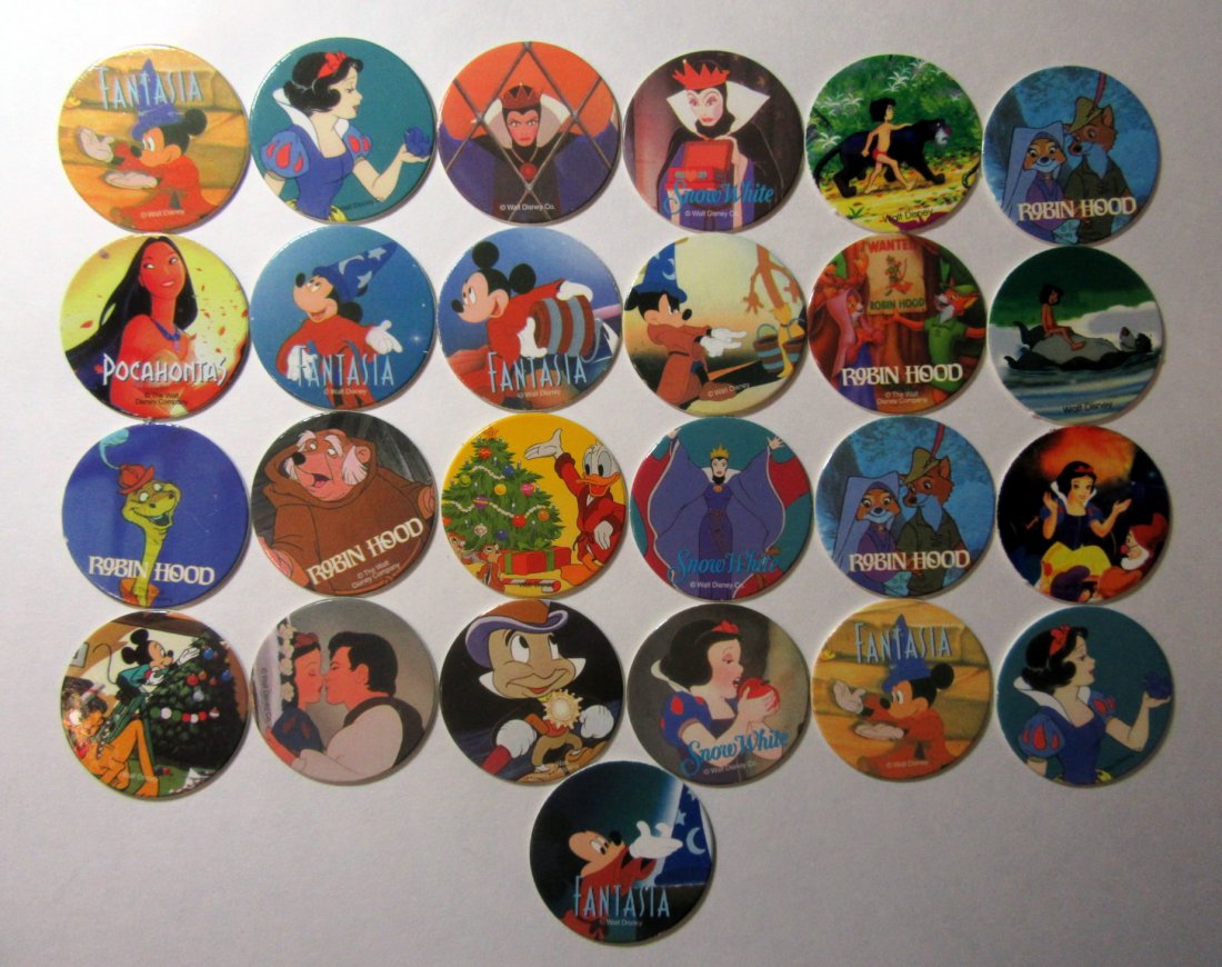 Lot of 25 1990 Disney Pogs: Lot of 25 1990's era Disney Pogs with Blank Backs. Lot of Disney Pogs that were produced when the craze was at an all time high in the mid 90's. You receive the following caps shown in the picture.