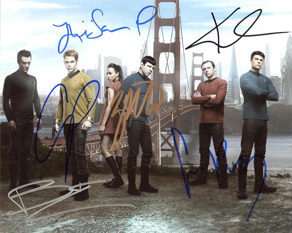 Star Trek Beyond Cast Signed Photo by 6 !!: Photo size is 8x10. Amazing signed photo by the cast of Star Trek Beyond. Signed by Chris Pine, Zoe Saldana, Simon Pegg, Zachary Quinto, Karl Urban, and Benedict Cumberbatch