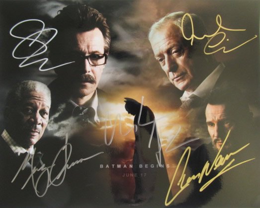 Batman Begins 11x14 Cast In Person Signed Photo: Photo size is 11x14. Amazing Cast signed Batman Gegins signed 11x14 photo. This is an amazong piece signed by Morgan Freeman, Gary Oldman, Christian Bale, Michael Caine, and Liam Neeson. Can you get a