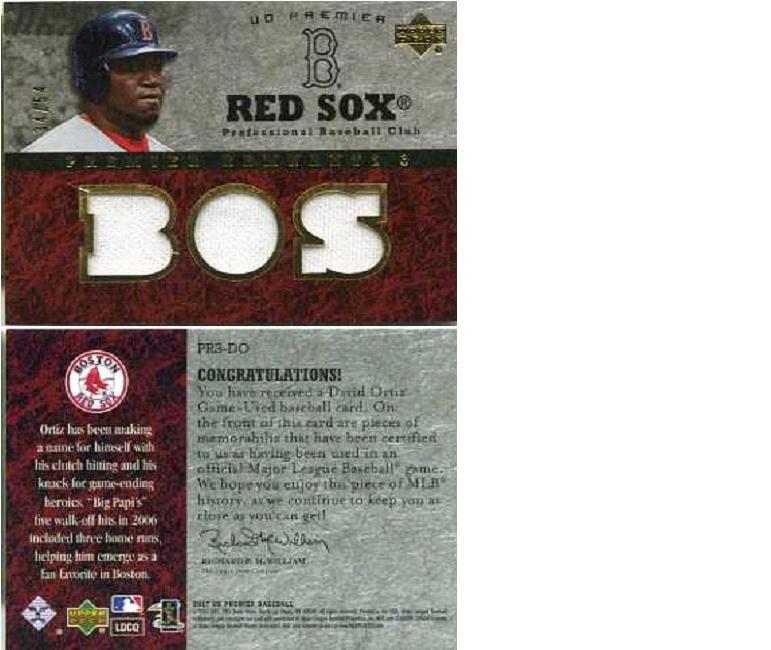 David Ortiz Red Sox Game Worn Jersey Swatch Card: From 2007 Upper deck comes this David ortiz Game Worn Jersey Swatch. Card # PR3-DO This is a great piece of David ortiz memoribilia. Gold stamped 34/54