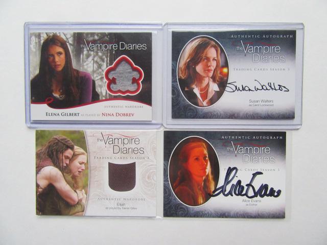 Vampire Diares 2 Swatch / 2 Singature Cards: You are getting the 4 cards shown here. 2 Swatch Cards one from Elijah (played by Daniel Gilles) swatch and Nina Dobrev Swatch card. The two signatures cards are signed by Alice Evans (who plays Esthe